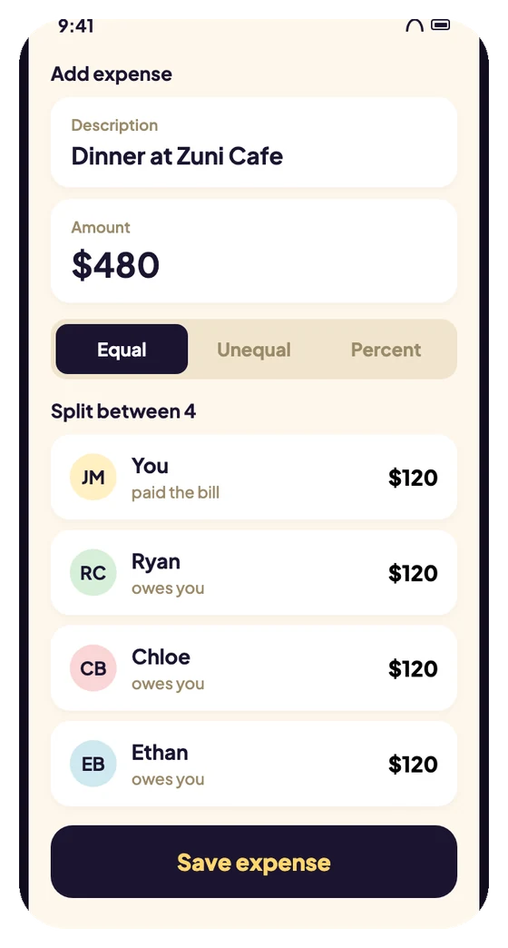 Add expense screen with equal, unequal and percentage split options