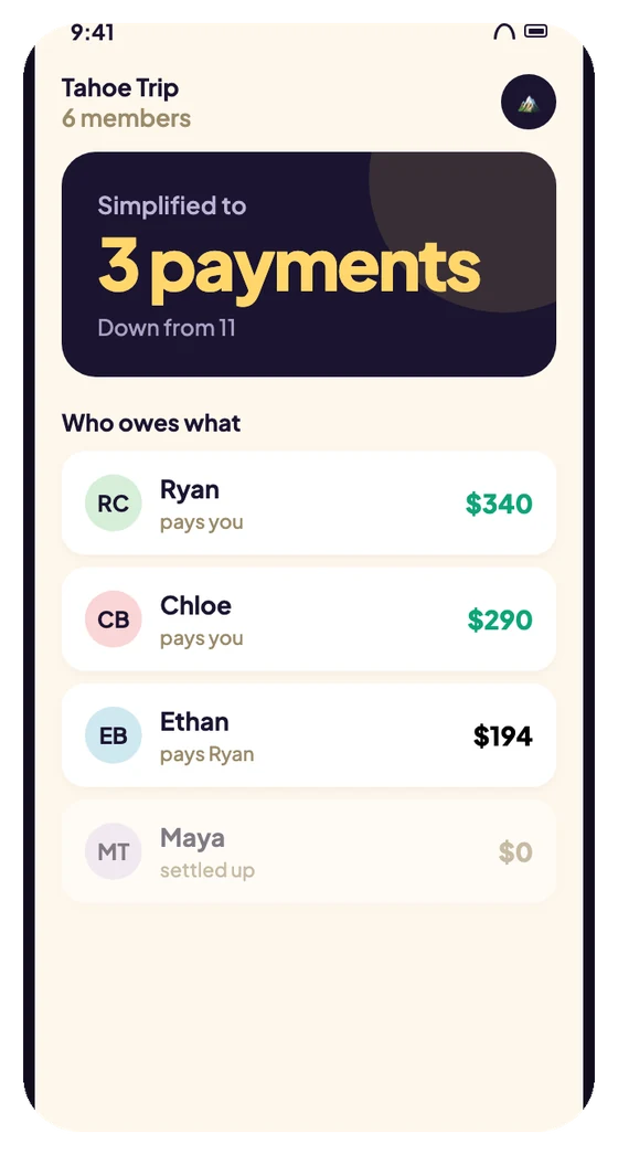 Cove balances screen showing eleven payments simplified down to three