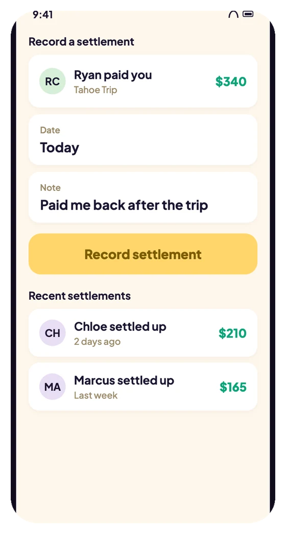 Record a settlement screen with recent settlements listed below