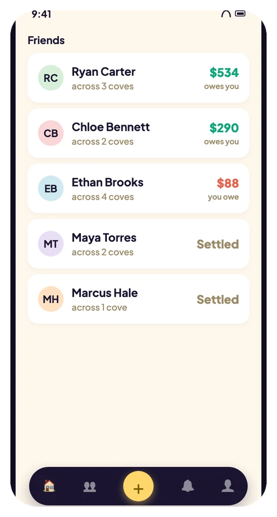 Friends list showing a running balance per person across multiple coves
