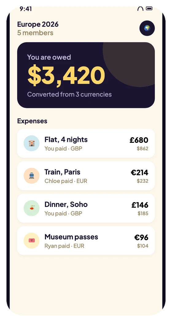 Trip screen showing expenses in pounds and euros converted to one dollar balance