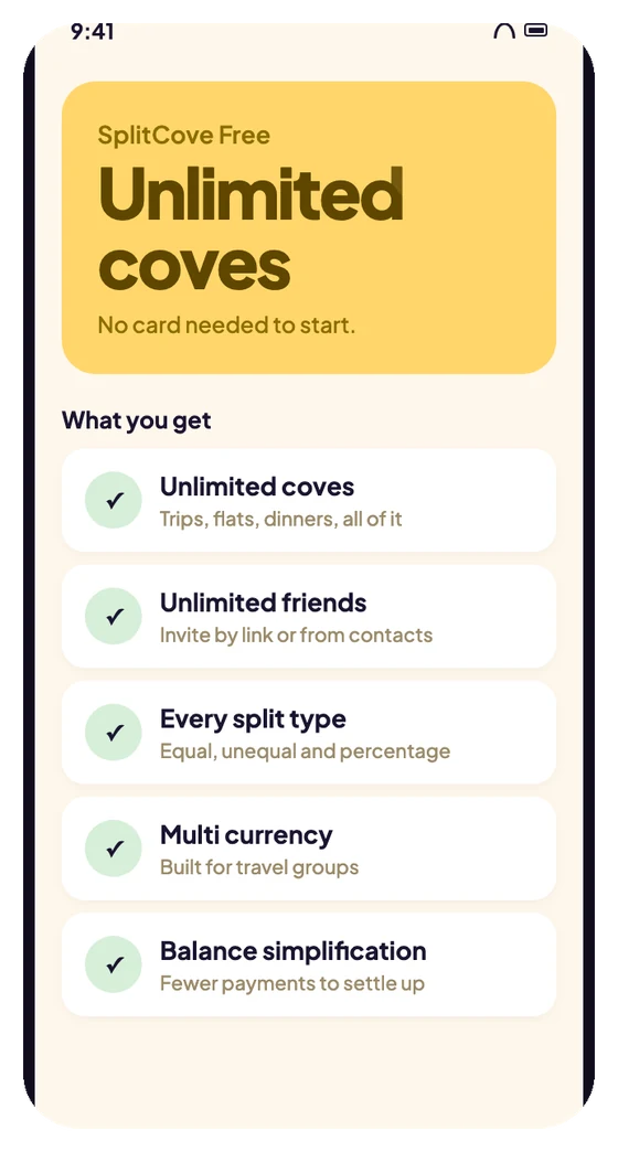 Free plan screen listing unlimited coves, unlimited friends and every split type